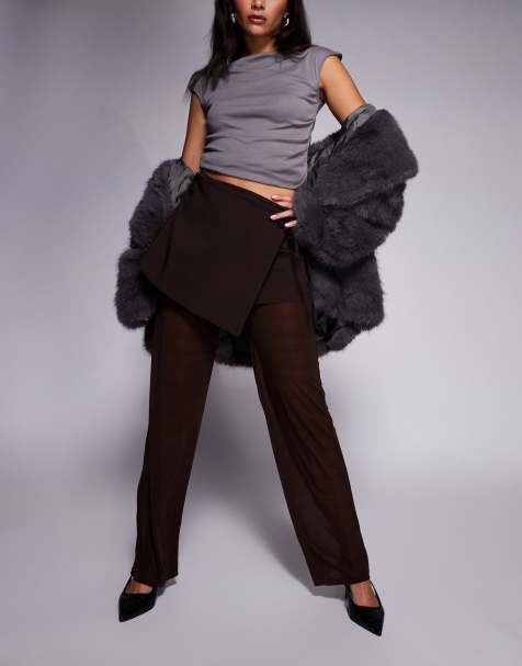 ASOS DESIGN - Broek van gemengde meshstof met rok-bovenlaag met gestrikte zijkant in chocoladebruin - view 1