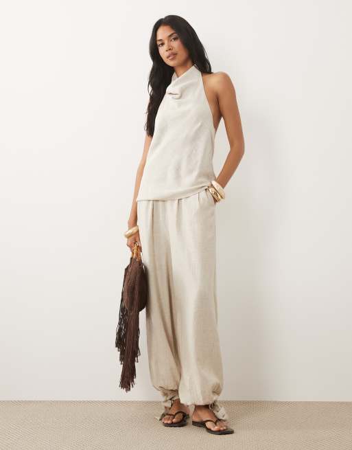 ASOS DESIGN - Gedrapeerde top van linnenmix met halternek in crème, deel van co-ord set, 3 van 3