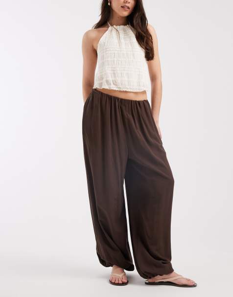 ASOS DESIGN - Broek van linnenmix met elastische taille in chocoladebruin - view 1