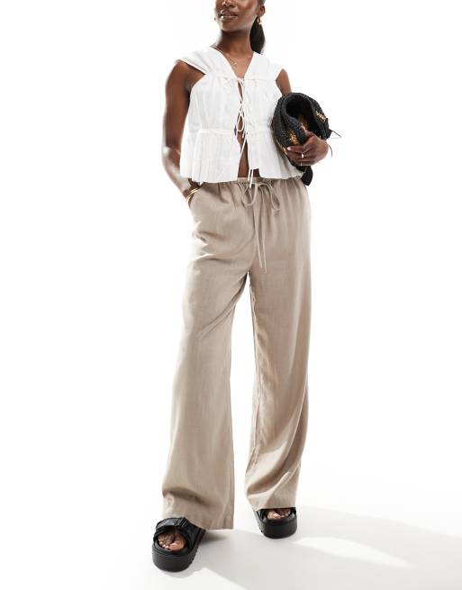 ASOS DESIGN - Broek van linnenmix met elastische taille in zandkleur 