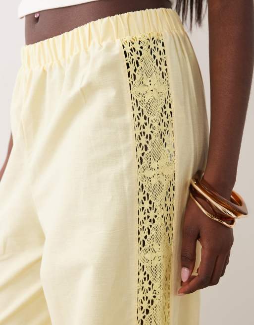 ASOS DESIGN - Broek van linnenmix met kanten zijkant in geel, 4 van 5