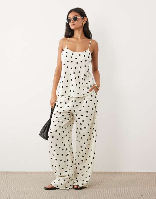 ASOS DESIGN - Broek van linnenmix met wijde pijpen, elastische taille en stippen, deel van co-ord set, 2 van 5
