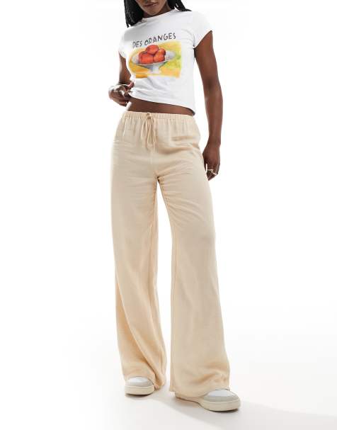 ASOS DESIGN - Broek van linnenmix met wijde pijpen en elastische taille in lichtbeige - view 1