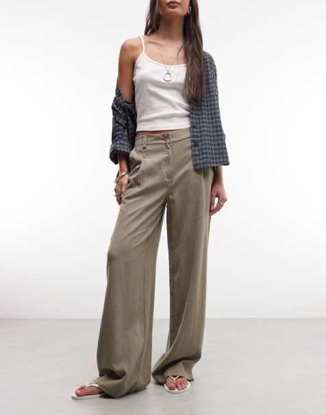 ASOS DESIGN - Broek van linnenmix met wijde pijpen en plooien in kaki - view 1