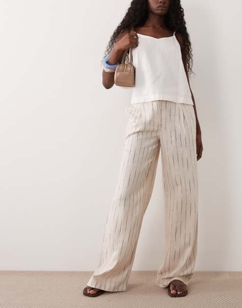 ASOS DESIGN - Broek van linnenmix met wijde pijpen, geplooid detail en natuurlijke strepen in neutraal - view 1