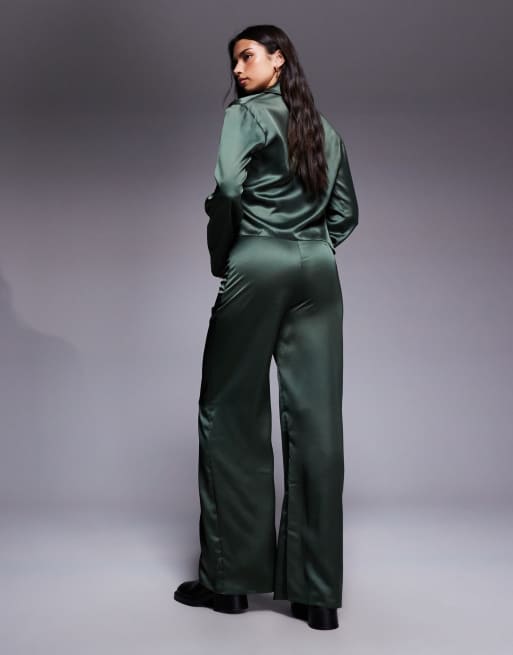 ASOS DESIGN - Broek van satijn met wijde pijpen in kaki, deel van co-ord set, 3 van 5