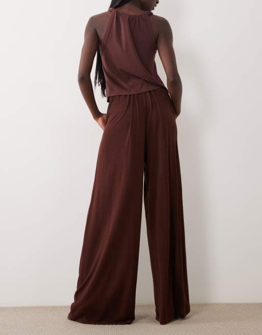 ASOS DESIGN - Broek van viscose en linnen met superwijde pijpen in chocoladebruin, 3 van 5