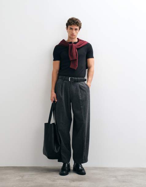 ASOS DESIGN broek van wolmix met wijde barrel-pijpen in antracietgrijs met microtextuur - view 1