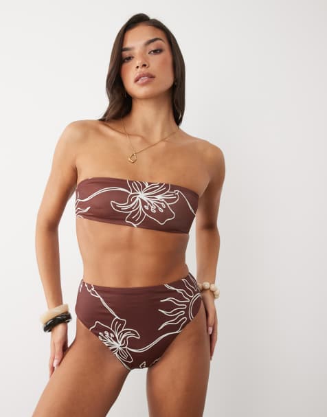 ASOS DESIGN - Brogan - Braguitas de bikini marrón chocolate de pernera y talle altos con estampado de palmeras - view 1