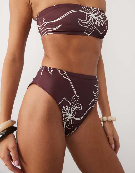 ASOS DESIGN Brogan high leg high waist bikini bottom in chocolate palm print, 2 of 4