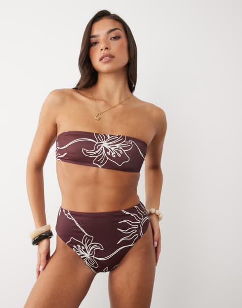 ASOS DESIGN - Brogan - Slip bikini sgambati a vita alta color cioccolato con stampa di palme - view 1