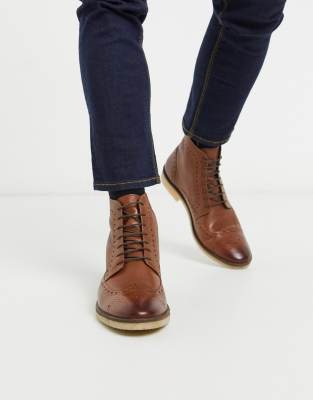 ASOS DESIGN brogue boots in tan leather with natural sole-Brown