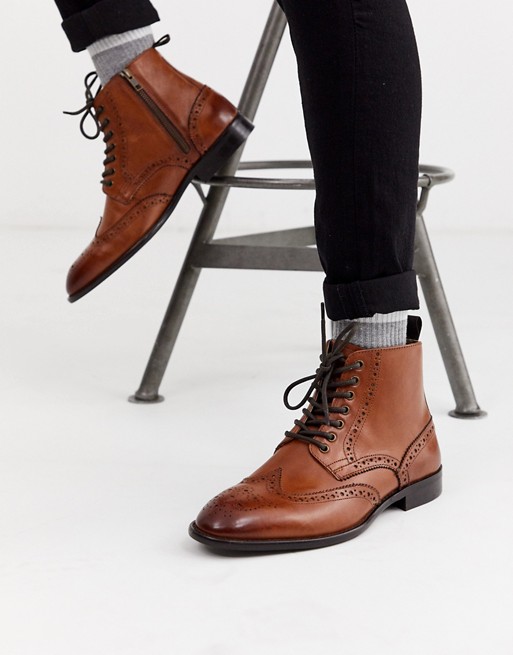 ASOS DESIGN brogue boots in tan leather with natural sole