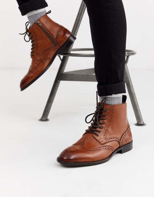 ASOS DESIGN brogue boots in tan leather with natural sole | ASOS