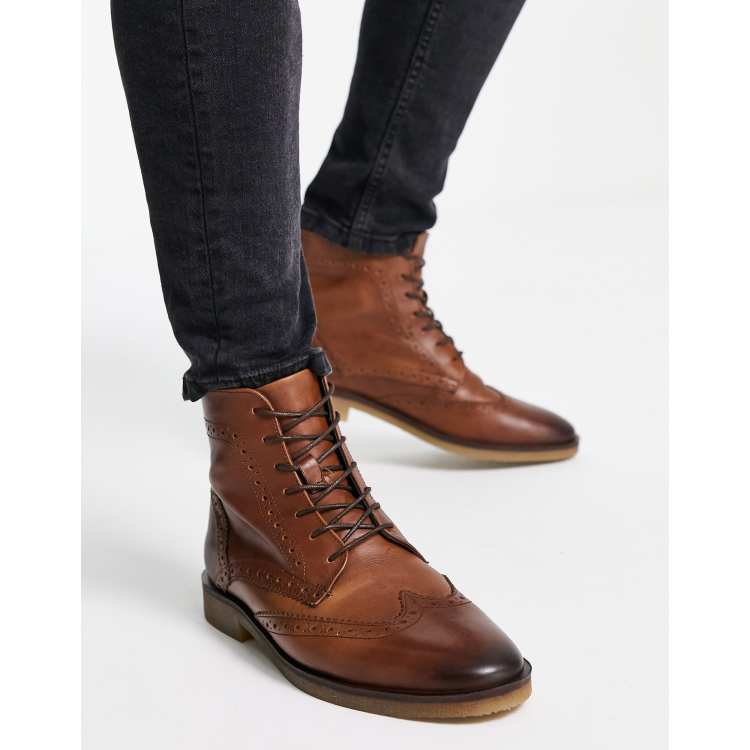 Mens brown clearance leather brogue boots