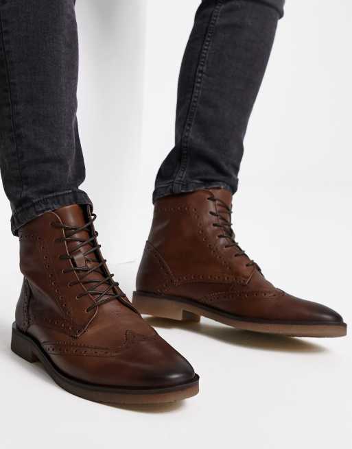 Tan leather brogue boots sales mens