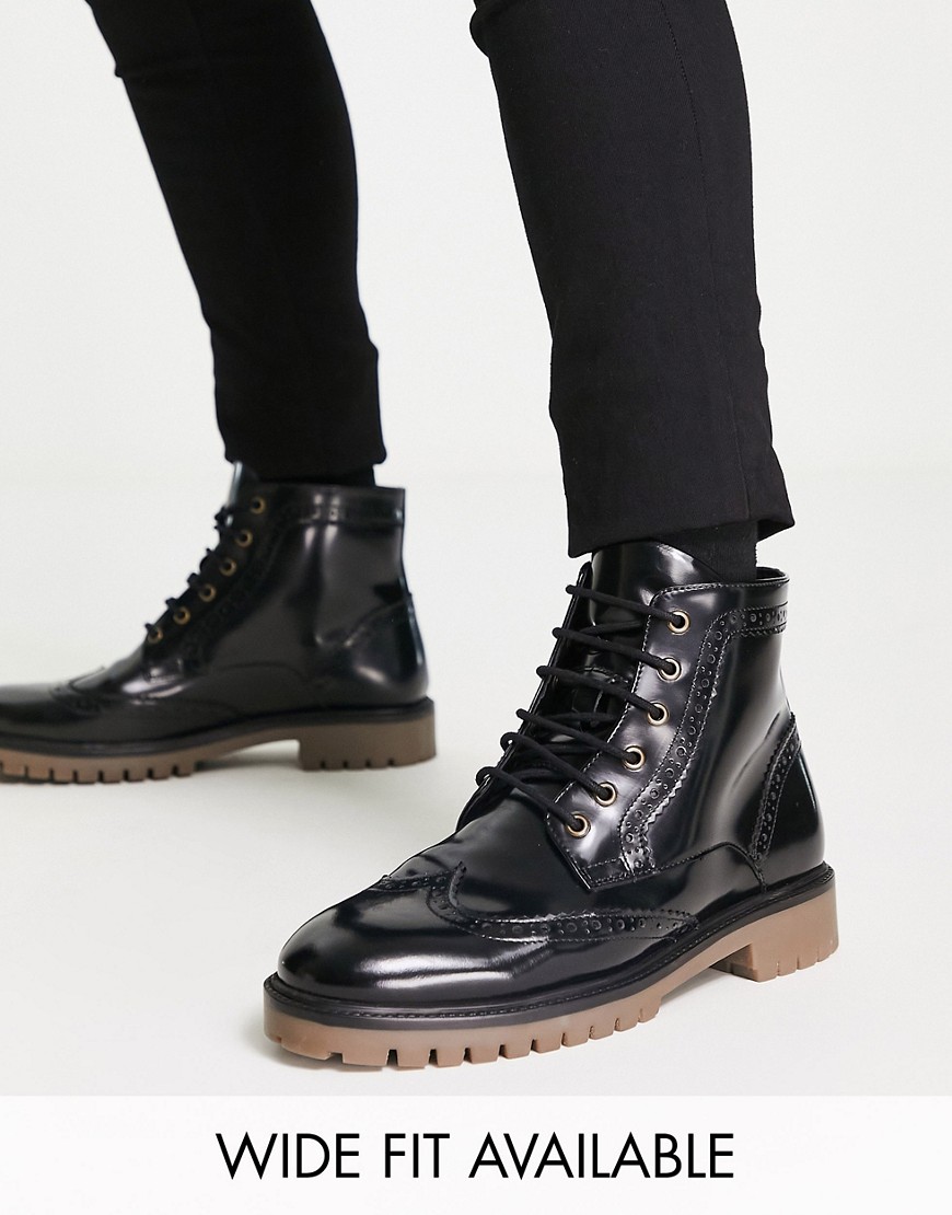 ASOS DESIGN brogue lace up boot in black polished leather with contrast sole