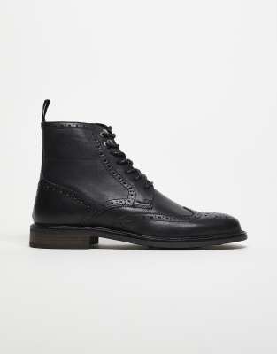 ASOS DESIGN brogue lace up boots in black leather