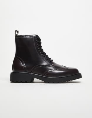 ASOS DESIGN brogue lace up boots in burgundy-Red