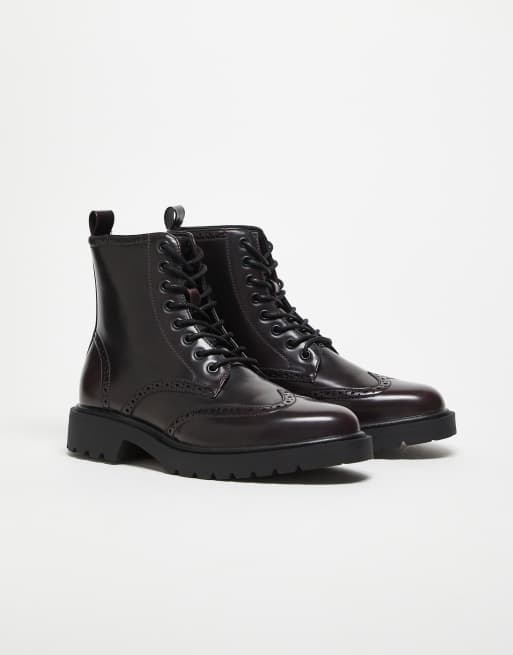 ASOS DESIGN brogue lace up boots in burgundy