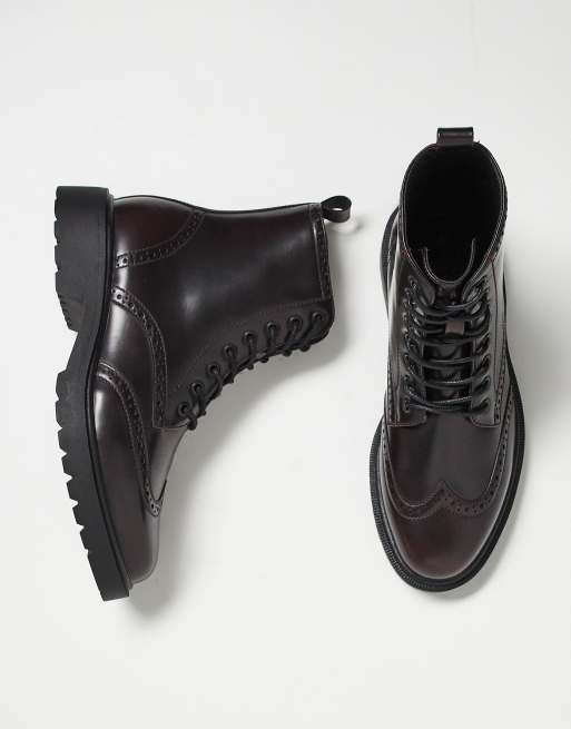 ASOS DESIGN brogue lace up boots in burgundy