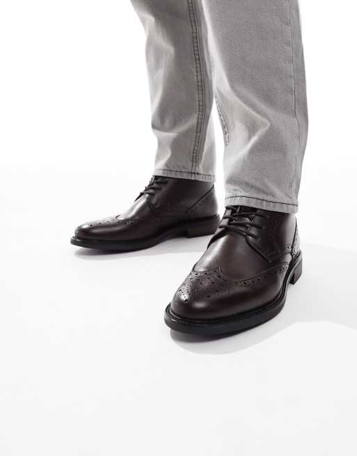 ASOS DESIGN brogue lace up boots in tan leather