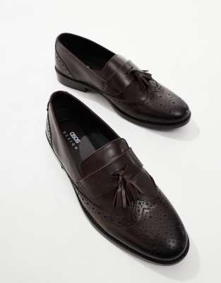 Asos Design Brogue Loafers In Brown Leather With Tassel