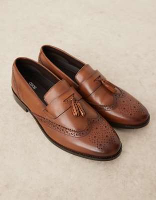 brogue loafers in tan leather with tassel-Brown