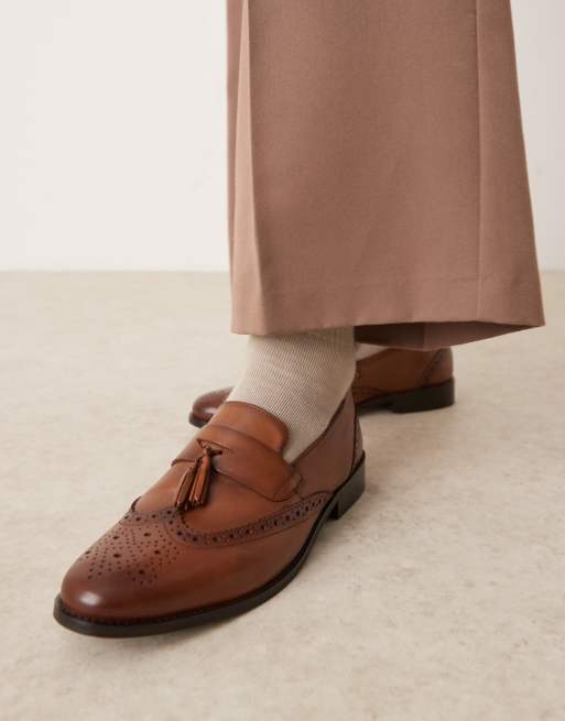 ASOS DESIGN brogue loafers in tan leather with tassel