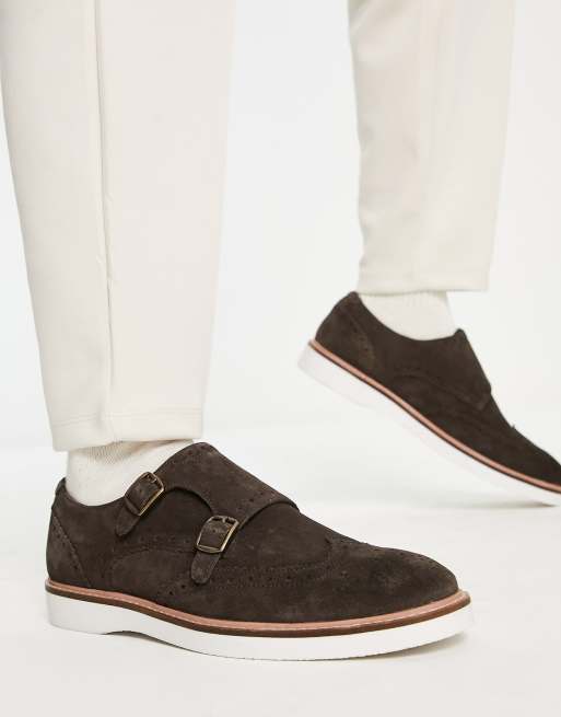 ASOS DESIGN brogue monk shoe in brown suede with white wedge sole, 4 of 4