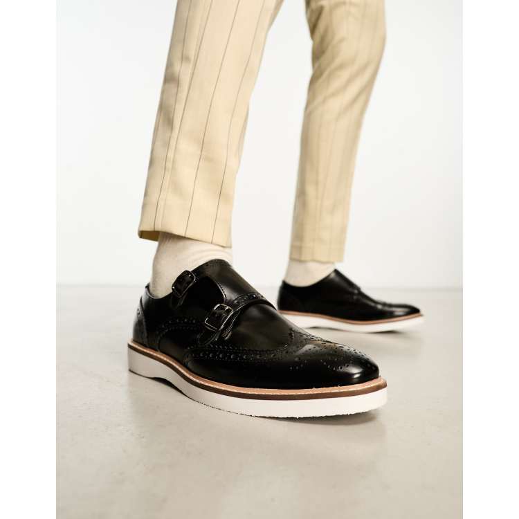 ASOS DESIGN brogue monk shoes in black leather with white