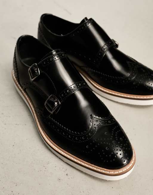 ASOS DESIGN brogue monk shoes in black leather with white wedge