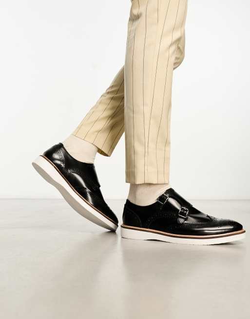 ASOS DESIGN brogue monk shoes in black leather with white wedge