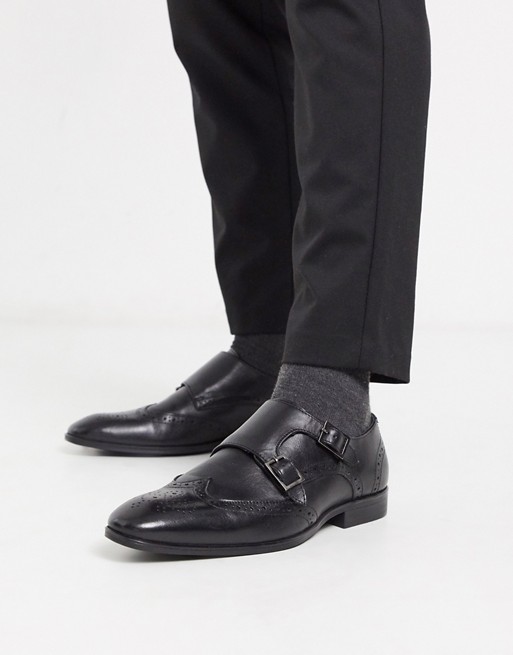 ASOS DESIGN brogue monk shoes in black leather
