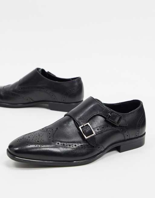 ASOS DESIGN brogue monk shoes in black leather ASOS