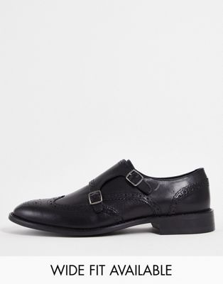 ASOS DESIGN brogue monk shoes in black leather