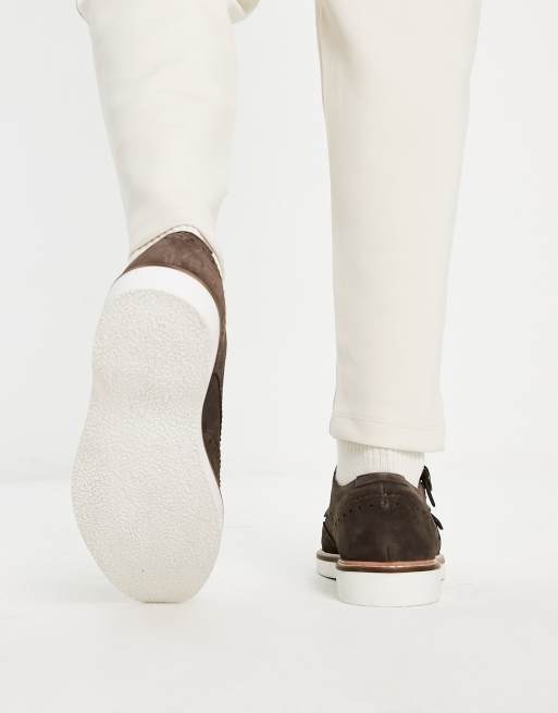 ASOS DESIGN brogue monk shoes in brown suede with white wedge sole, 2 of 4