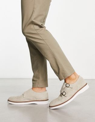  brogue monk shoes in stone suede with white wedge sole