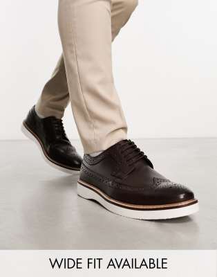 Asos Design Brogue Shoe In Brown Leather On White Wedge Sole