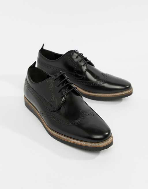 ASOS DESIGN brogue shoes in black leather with wedge sole | ASOS