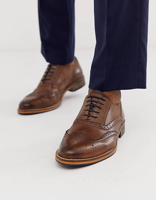 ASOS DESIGN brogue shoes in brown leather with natural sole and colour ...