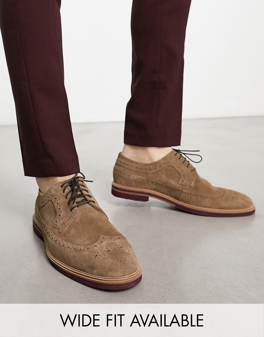 Asos Design Brogue Shoes In Stone Suede With Contrast Sole-neutral
