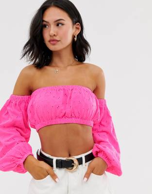 ASOS DESIGN broidery top with off shoulder in neon pink