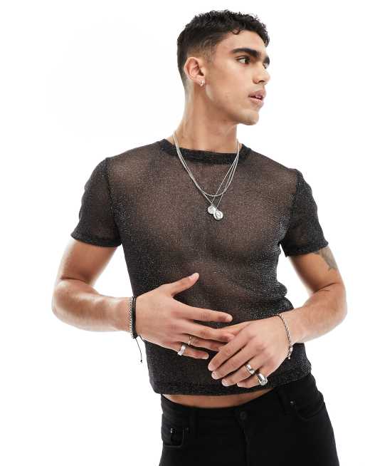 ASOS DESIGN – Brokatowy siateczkowy T-shirt o kroju podkreślającym sylwetkę