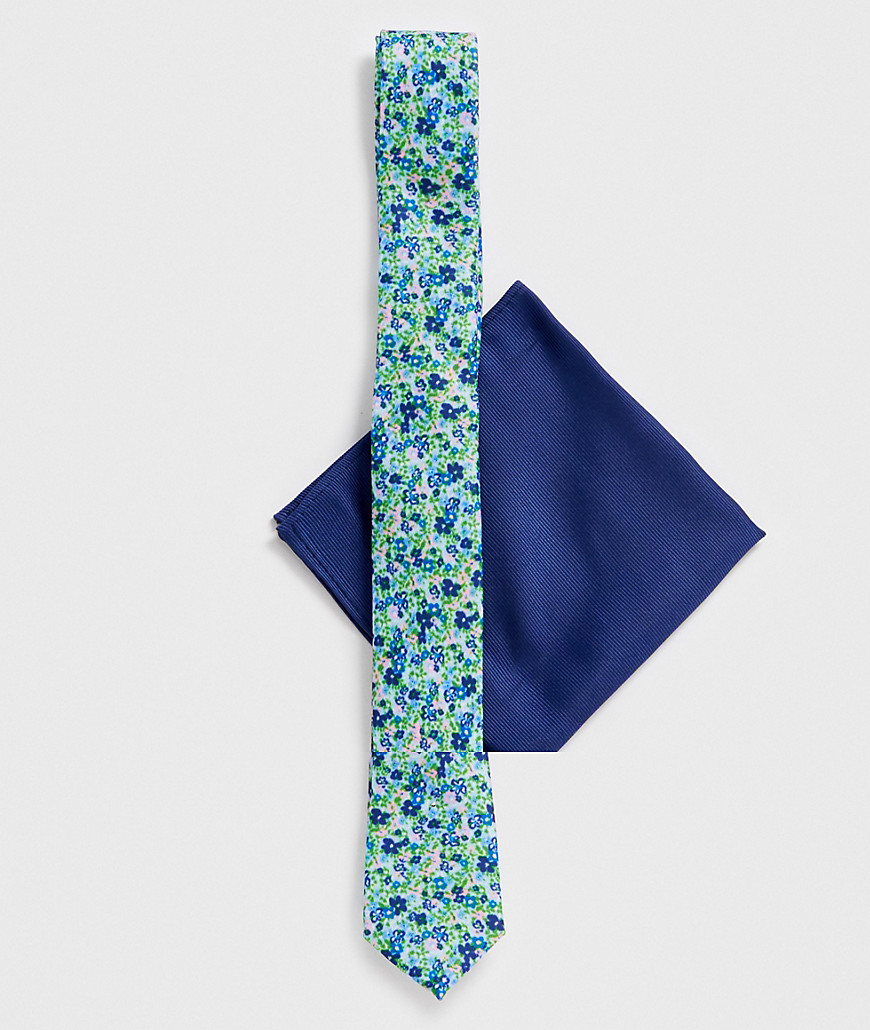 ASOS DESIGN – Bröllop – Blommig smal slips och marinblå bröstnäsduk-Flerfärgad