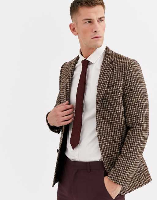 Asos Design Brollop Brun Mikrorutig Kavaj I Harris Tweed Med