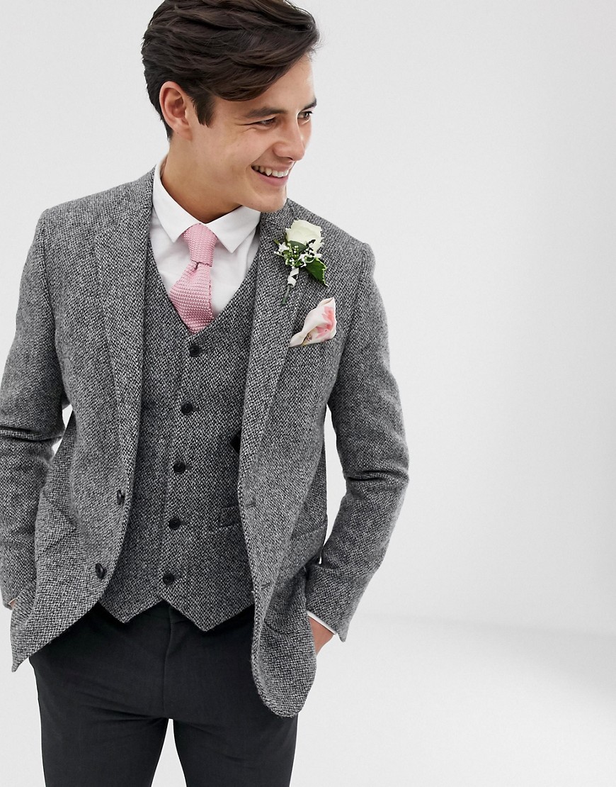 ASOS DESIGN – Bröllop – Grå blazer i 100 % Harris Tweed med smal passform