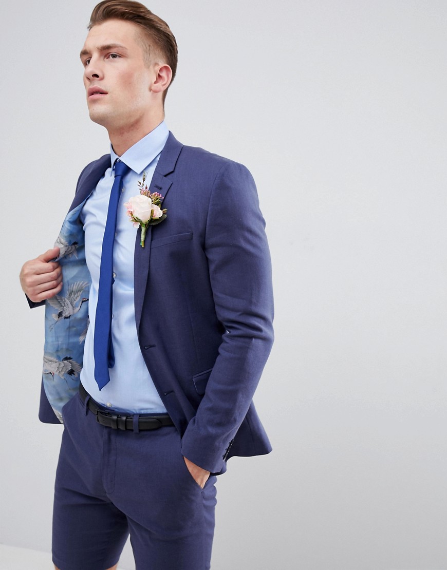 ASOS DESIGN - Bröllop - Indigoblå kostymjacka i linne i skinny fit-Marinblå