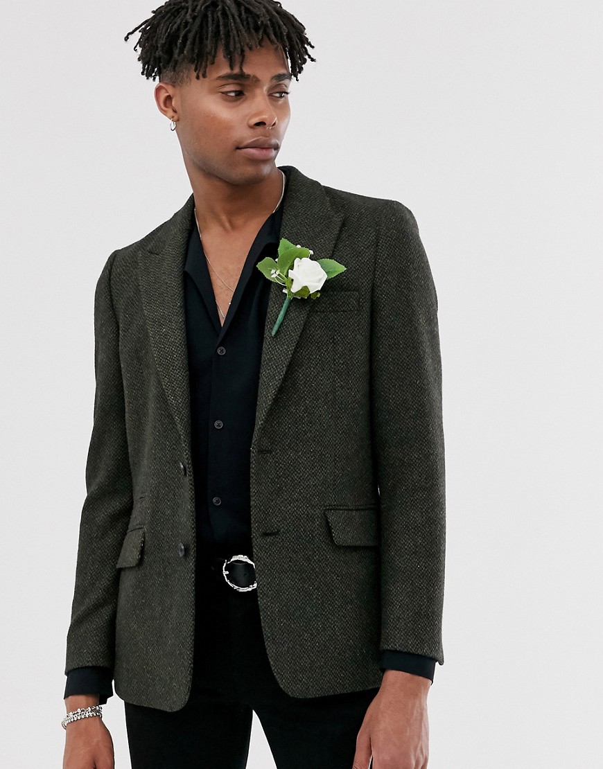 ASOS DESIGN – Bröllop – Kakigrön blazer i ullblandad tweed med smal passform