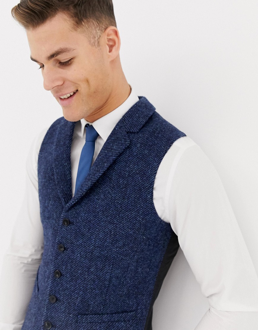 ASOS DESIGN – Bröllop – Marinblå slim kostymväst med 100 % Harris-tweed i twill